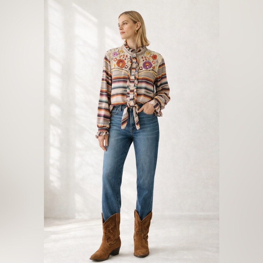 Double D Ranch Santa Rita Blouse Western Pearl Snap Serape Embroidered Boho Top - Picture 15 of 16